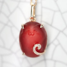 Load image into Gallery viewer, Hand Carved Cat Mexican Egg Fire Opal, Diamond Tail Necklace 18K Yellow Gold