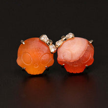 Load image into Gallery viewer, Hand Carved Skull with Diamond Bows Fire Opal Stud Earrings 18k Gold