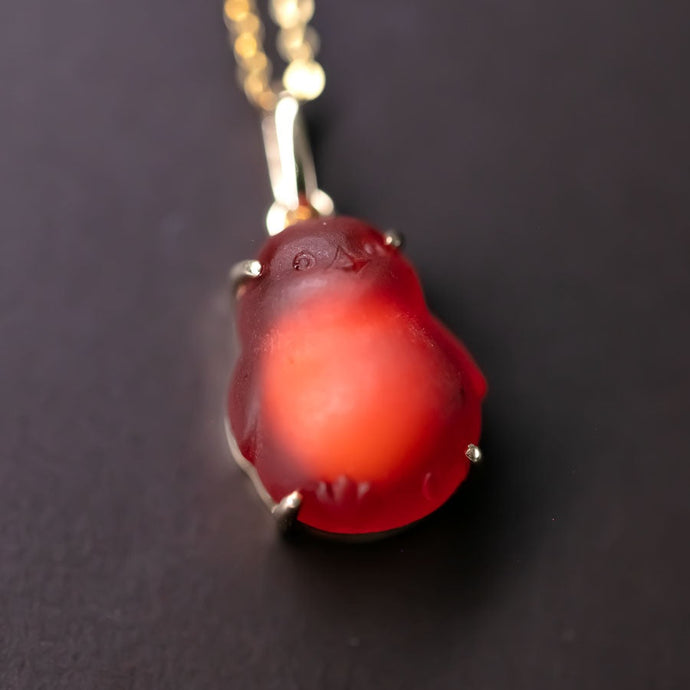 Super Adorable Handcarved Penguin Egg Fire Opal Necklace 18K Yellow Gold