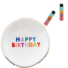Load image into Gallery viewer, Happy Birthday Trinket Tray &amp; Earring Set | Ceramic Dish Tray and Jewelry Gem Stones Earring Gift Set | Gift for Her