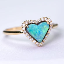 Load image into Gallery viewer, Heart Shaped Black Opal Halo Diamond Engagement Ring 18k Yellow Gold