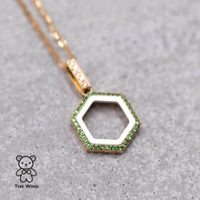 Load image into Gallery viewer, Hexagon Tsavorite &amp; Mother of Pearl, Diamond Minimalist Pendant in 18k Yellow Gold