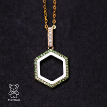 Load image into Gallery viewer, Hexagon Tsavorite &amp; Mother of Pearl, Diamond Minimalist Pendant in 18k Yellow Gold