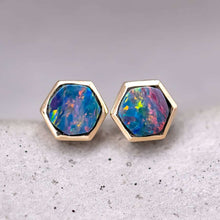Load image into Gallery viewer, Minimalist Hexagon Doublet Opal Stud Earrings 14K Yellow Gold