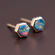 Load image into Gallery viewer, Minimalist Hexagon Doublet Opal Stud Earrings 14K Yellow Gold
