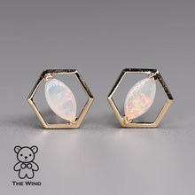 Load image into Gallery viewer, Geometric Hexagon Shaped Australian Solid Opal Stud Earrings 14K Yellow Gold