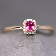 Load image into Gallery viewer, Hot Pink Spinel &amp; Diamond Halo Ring in 14K Yellow Gold