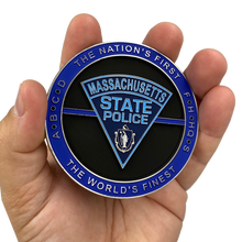 Load image into Gallery viewer, DL9-02 Massive 3 inch MSP Challenge Coin Massachusetts State Police Trooper