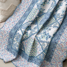 Load image into Gallery viewer, Tache Petal Dance White Blue Floral Vintage Garden Scalloped Cotton Patchwork Quilted Throw Blanket (JHW-646)