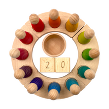 Load image into Gallery viewer, Wooden Perpetual Calendar with 12 Stained Rainbow Peg Figures