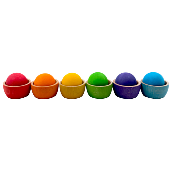 **Pre-order (Ships in 2-3 Weeks)**6 Stained Rainbow Wooden Bowls & Balls Set For Matching and Sorting