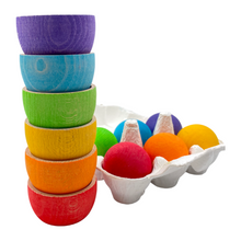 Load image into Gallery viewer, **Pre-order (Ships in 2-3 Weeks)**6 Stained Rainbow Wooden Bowls &amp; Balls Set For Matching and Sorting