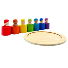 Load image into Gallery viewer, 7-Piece “Skin Stones” Stained Rainbow Wooden Peg Dolls in Matching Bowls