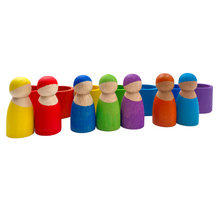 Load image into Gallery viewer, 7-Piece “Skin Stones” Stained Rainbow Wooden Peg Dolls in Matching Bowls