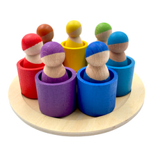 Load image into Gallery viewer, 7-Piece “Skin Stones” Stained Rainbow Wooden Peg Dolls in Matching Bowls
