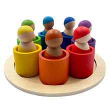 Load image into Gallery viewer, 7-Piece “Skin Stones” Stained Rainbow Wooden Peg Dolls in Matching Bowls