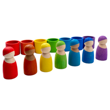 Load image into Gallery viewer, 7-Piece “Skin Stones” Stained Rainbow Wooden Peg Dolls in Matching Bowls