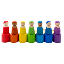 Load image into Gallery viewer, 7-Piece “Skin Stones” Stained Rainbow Wooden Peg Dolls in Matching Bowls