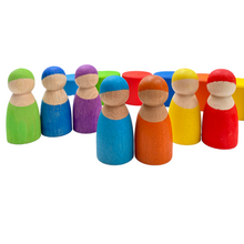 Load image into Gallery viewer, 7-Piece “Skin Stones” Stained Rainbow Wooden Peg Dolls in Matching Bowls