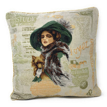 Load image into Gallery viewer, Tache Puppy Day Out French European Postcard Emerald Green Beige Tapestry Throw Pillow Cover (CC-1354)