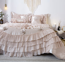 Load image into Gallery viewer, Tache Satin Ruffle Luxury Floral Champagne Beige Frosted Field Comforter Set (MZ1051)