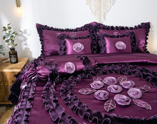 Load image into Gallery viewer, Tache Satin Ruffle Dark Purple Floral Midnight Bloom Comforter (BM-6438)