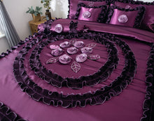 Load image into Gallery viewer, Tache Satin Ruffle Dark Purple Floral Midnight Bloom Comforter (BM-6438)