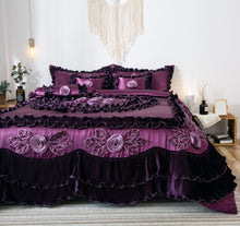 Load image into Gallery viewer, Tache Satin Ruffle Dark Purple Floral Midnight Bloom Comforter (BM-6438)