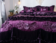 Load image into Gallery viewer, Tache Satin Ruffle Dark Purple Floral Midnight Bloom Comforter (BM-6438)
