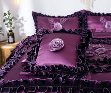 Load image into Gallery viewer, Tache Satin Ruffle Dark Purple Floral Midnight Bloom Comforter (BM-6438)