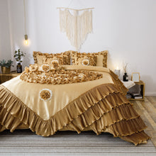 Load image into Gallery viewer, Tache Satin Ruffle Floral Gold Caramel Latte Comforter (BM4578)