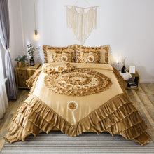 Load image into Gallery viewer, Tache Satin Ruffle Floral Gold Caramel Latte Comforter (BM4578)