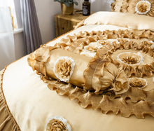 Load image into Gallery viewer, Tache Satin Ruffle Floral Gold Caramel Latte Comforter (BM4578)