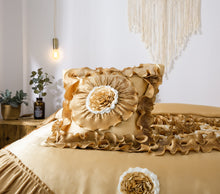 Load image into Gallery viewer, Tache Satin Ruffle Floral Gold Caramel Latte Comforter (BM4578)