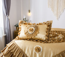 Load image into Gallery viewer, Tache Satin Ruffle Floral Gold Caramel Latte Comforter (BM4578)