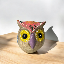 Load image into Gallery viewer, Hand-Painted Wooden Owl Figurine - Yellow Eyes &amp; Pink Accents