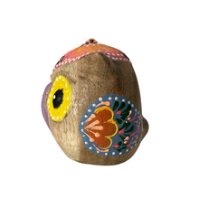 Load image into Gallery viewer, Hand-Painted Wooden Owl Figurine - Yellow Eyes &amp; Pink Accents