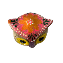 Load image into Gallery viewer, Hand-Painted Wooden Owl Figurine - Yellow Eyes &amp; Pink Accents