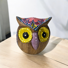 Load image into Gallery viewer, Hand-Painted Wooden Owl Figurine - Dark Brown &amp; Floral Design