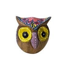 Load image into Gallery viewer, Hand-Painted Wooden Owl Figurine - Dark Brown &amp; Floral Design