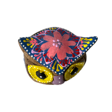 Load image into Gallery viewer, Hand-Painted Wooden Owl Figurine - Dark Brown &amp; Floral Design