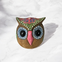 Load image into Gallery viewer, Hand-Painted Wooden Owl Figurine - Green &amp; Blue Highlights