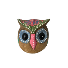 Load image into Gallery viewer, Hand-Painted Wooden Owl Figurine - Green &amp; Blue Highlights