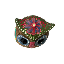 Load image into Gallery viewer, Hand-Painted Wooden Owl Figurine - Green &amp; Blue Highlights