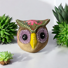 Load image into Gallery viewer, Hand-Painted Wooden Owl Figurine - Purple Eyes &amp; Yellow Beak