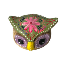 Load image into Gallery viewer, Hand-Painted Wooden Owl Figurine - Purple Eyes &amp; Yellow Beak