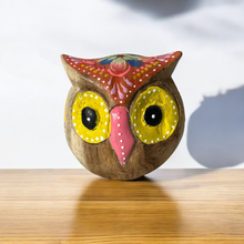 Load image into Gallery viewer, Hand-Painted Wooden Owl Figurine - Yellow &amp; Red Floral Design