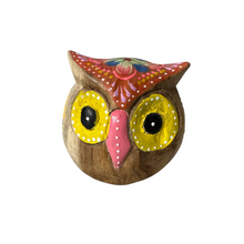 Load image into Gallery viewer, Hand-Painted Wooden Owl Figurine - Yellow &amp; Red Floral Design