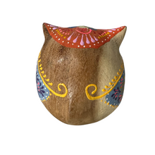 Load image into Gallery viewer, Hand-Painted Wooden Owl Figurine - Yellow &amp; Red Floral Design