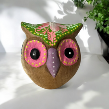 Load image into Gallery viewer, Hand-Painted Wooden Owl Figurine - Purple &amp; Pink Decorative Pattern